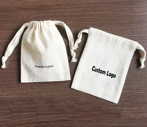 Custom Brand Logo Natural Cotton Drawstring Bag Eco-friendly Small Cotton Pouch Dust Bag For Jewelry Necklace Packaging