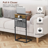 Table basse en forme de C avec station de charge, hauteur réglable, sac de rangement en métal pour salon, chambre à coucher, brun rustique