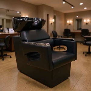 Unidad de Lavacabezas para Salón de Belleza y Barbería, con Lavabo Inclinable de Cerámica Blanca y Negra, Asiento Ajustable y Cama para Lavado de Cabello - Product Image 1