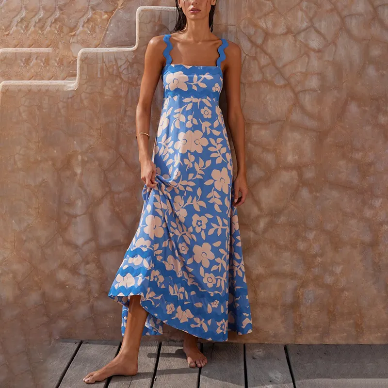 Gaun maxi/ukuran besar untuk wanita, gaun liburan kasual lengan pendek motif bunga berkualitas tinggi