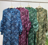 Gaun Abaya Plisket Motif Paisley Vintage Lengan Panjang Kerah Tegak Busana Muslim Sederhana Dubai Kaftan Wanita Lebaran Kasual Gaun Panjang