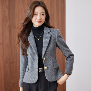 Women's Twill <b>Blazer</b> Woolen Fabric Anti-Wrinkle Slim Fit Autumn Winter Suit Jacket Pocket Design - Product Image 3