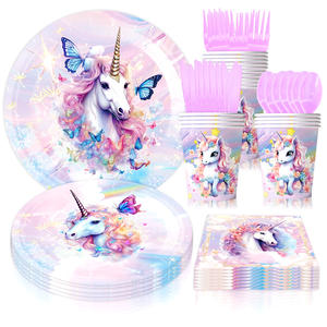 طقم أدوات مائدة ورقية للاستعمال مرة واحدة بتصميم يونيكورن وفراشة مخصص لحفلات استقبال المولود وأعياد ميلاد الأطفال، أطباق وأكواب ورقية - Product Image 6