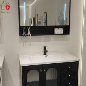 Puertas dobles de vidrio arqueado de estilo retro chino negro, encimera blanca, lavabo de cerámica, almacenamiento multi-espacio - Product Image 6