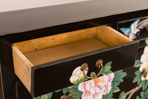 Buffet d'entrée en bois massif peint à la main, motif pivoine et phénix, avec quincaillerie en laiton vieilli, symbole de prospérité et de richesse - Product Image 4