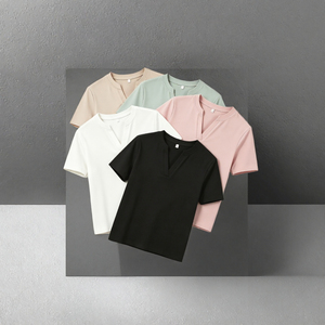 Camiseta de Poliéster con Cuello en V para Mujer, Manga Corta, Corte Ajustado, Tejido Informal para Verano - Product Image 2