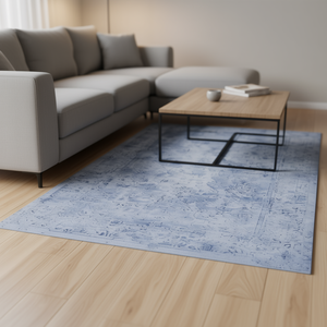 Tappeto Rettangolare Blu Crema 150x240 cm a Pelo Corto, Stile Vintage Chic, Antiscivolo, Lavabile, con Motivo a Medaglione per Sala da Pranzo, Soggiorno, Camera da Letto - Product Image 2