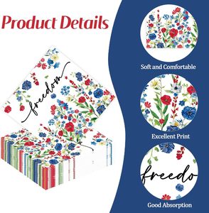 50 serviettes en papier jetables à 2 plis, motif floral patriotique <span class=keywords><strong>du</strong></span> <span class=keywords><strong>4</strong></span> juillet, texte Liberté, 65x65 pouces, pour <span class=keywords><strong>la</strong></span> décoration <span class=keywords><strong>de</strong></span> fête - Product Image 3