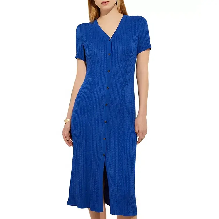 Knitwear manufacturer custom summer v neck short sleeve elegant casual royal blue dresses for women sweater knit women dress