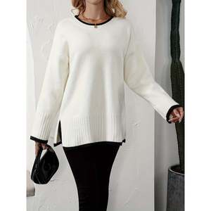 Suéter Blanco con Ribete en Contraste y Abertura Lateral, Top de Punto de Manga Larga para Mujer - Product Image 2