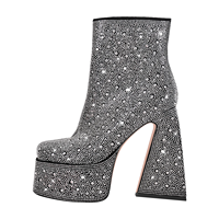 Bottines strass à bout carré pour femmes chaussures confortables en PU à talons épais