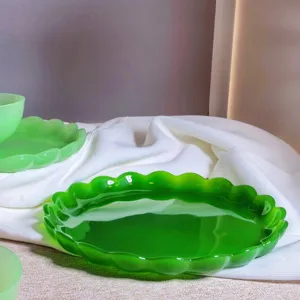 Hete Verkoop 9 "Bloem Rand Groen Roze Gekleurde Platen Melk Glazen Platen Jade Opaal Glasplaat Voor Bruiloft