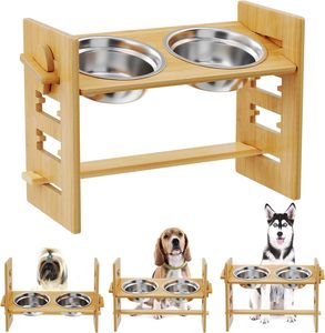 Köpekler kediler besleyici için fabrika doğrudan satış ayarlanabilir bambu yükseltilmiş köpek paslanmaz çelik çanaklar ile kedi maması standı tutucu - Product Image 6