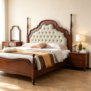 Traditional Queen Size Upholstered Bed Frame with Faux Leather Headboard and Mahogany Wood Frame - Product Image 4