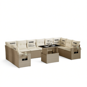 Beige <b>Rattan</b> Garden <b>Sofa</b> Set With Cushions 6 Seater Outdoor Furniture Contemporary Design - Product Image 1