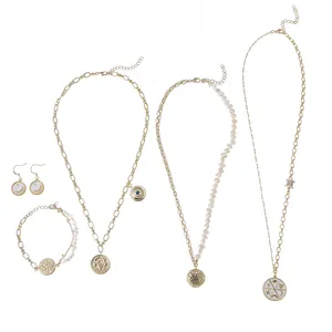 Exquisita Cadena de perlas de lujo, colgantes de monedas, collares, cadena de cobre, pulsera, pendientes de gota redonda, conjunto de joyería de moda