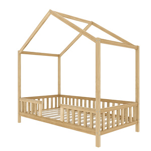 <span class=keywords><strong>Lit</strong></span> de sol Montessori Twin House en bois naturel, cadre de <span class=keywords><strong>lit</strong></span> pour enfants avec baldaquin, toit et barrières de sécurité, pour chambre d'enfant et chambre à coucher - Product Image 4