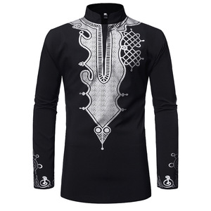 Chemises Traditionnelles Musulmanes pour Hommes Africains, Coupe Slim, Imprimées Noir, Bleu Marine et Doré, Manches Longues, Vente en Gros - Product Image 5