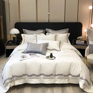 ODM exquisite blue king size color edge duvet cover 100%cotton 2m/2.3m white embroidery quilt cover bedding sets supplier