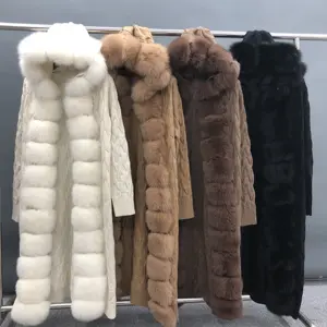 Fashion fox placket hooded 50% wool knitted custom warm luxury long chunky knit cardigan women