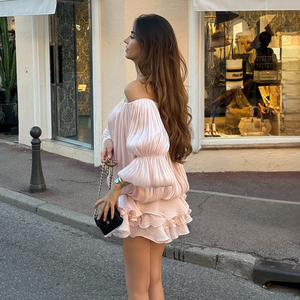Vestido con volantes en capas, manga larga y hombros descubiertos, estilo dulce y femenino, estampado digital sólido, cintura natural - Product Image 5
