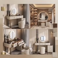 Coiffeuse de luxe moderne blanche et or avec 5 tiroirs, miroir rond LED et tabouret matelassé - Ensemble table de maquillage pour chambre à coucher