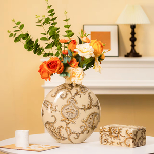 Vase en céramique beige élégant et boîte à mouchoirs, motif floral paisley, accent chinoiserie pour la décoration de la <span class=keywords><strong>maison</strong></span> - Product Image 1