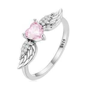 Hot Selling 925 Sterling Silver Vintage Emerald Heart Shape Adjustable Angel Wings Ring Jewelry for Women