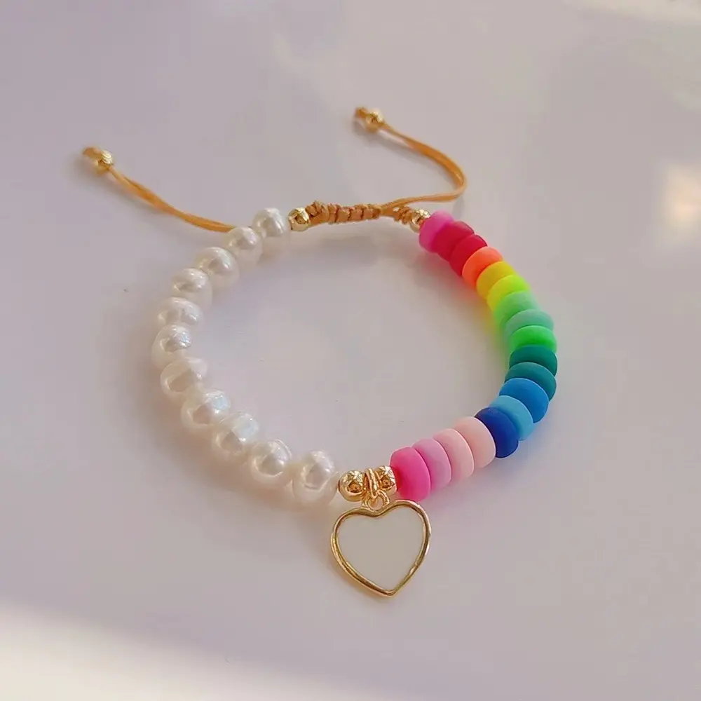 Natural freshwater pearl Rainbow Polymer Clay Bracelet Multilayer Bohemian Handwoven Bracelet Set