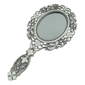 Antique Pewter White Jeweled Metal Zinc Alloy Framed Hand Mirror Oval For Home Tabletop Decor Gifts Or Cosmetic Makeup Tools