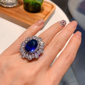 Vintage Eco-friendly Gold Plated Copper 12*16mm Blue Zircon Pendant Necklace/Earrings Ring Set Heavy Wedding Jewelry Women Party - Product Image 5