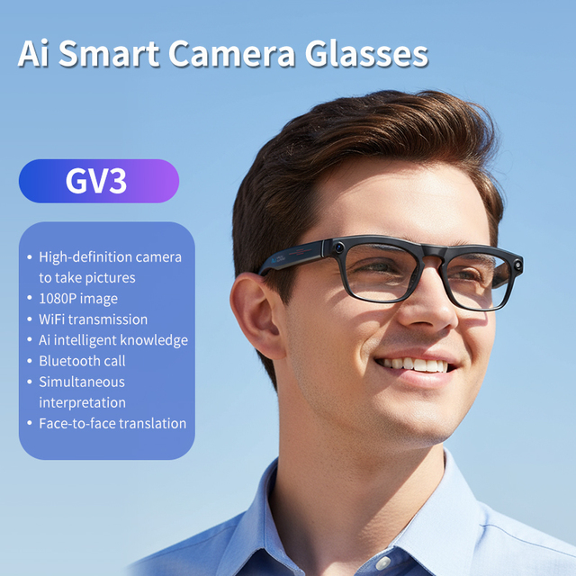 GV3 Adjustable Spring HingeAI Smart Camera Glasses 1080P HD Real-Time Translation Object Recognition Voice Control