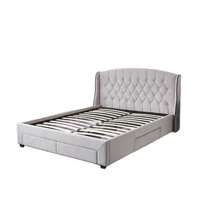 Marco de cama de tela de diseño de lujo de alta calidad, 4 cajones, cama de almacenamiento con botones, cabecero copeteado para dormitorio