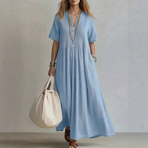 Nuevo Vestido Largo Informal para Mujer 2026, Cuello en V, <span class=keywords><strong>Manga</strong></span> Corta, Plisado, de Algodón y Lino - Product Image 4