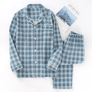 Pyjamas fournisseur hommes grande taille pyjamas thermiques costume à manches longues col en v décontracté tricoté coton Double gaze treillis pantalon vêtements <span class=keywords><strong>de</strong></span> nuit - Product Image 1