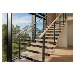 Prima Hiện Đại Biệt Thự Sang Trọng Sồi Đỏ Tread Trong Nhà Treo Thẳng Cầu Thang Bằng Gỗ Bước Nổi Cầu Thang Với Lan Can - Product Image 3