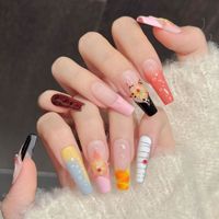 TSZS Faux ongles à presser faits main, motif floral 3D en relief, longs, forme cercueil et stiletto, 2 formes, dégradé, réutilisables, pour nail art