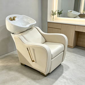 Luxury Salon Shampoo <b>Chair</b> Gold Metal Base PU <b>Leather</b> Backwash Shampoo Bed With White Ceramic Basin Salon Furniture - Product Image 2