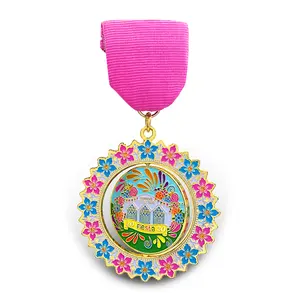 China Metal Badge emblem Supplier Custom 3D Medal Soft Enamel Pin Badges Honor Medal with Ribbon Bar