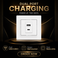 Chargeur mural moderne USB-A et USB-C, double port, prise de courant, design fin, faceplate carrée mate blanche pour la maison et l'hôtel