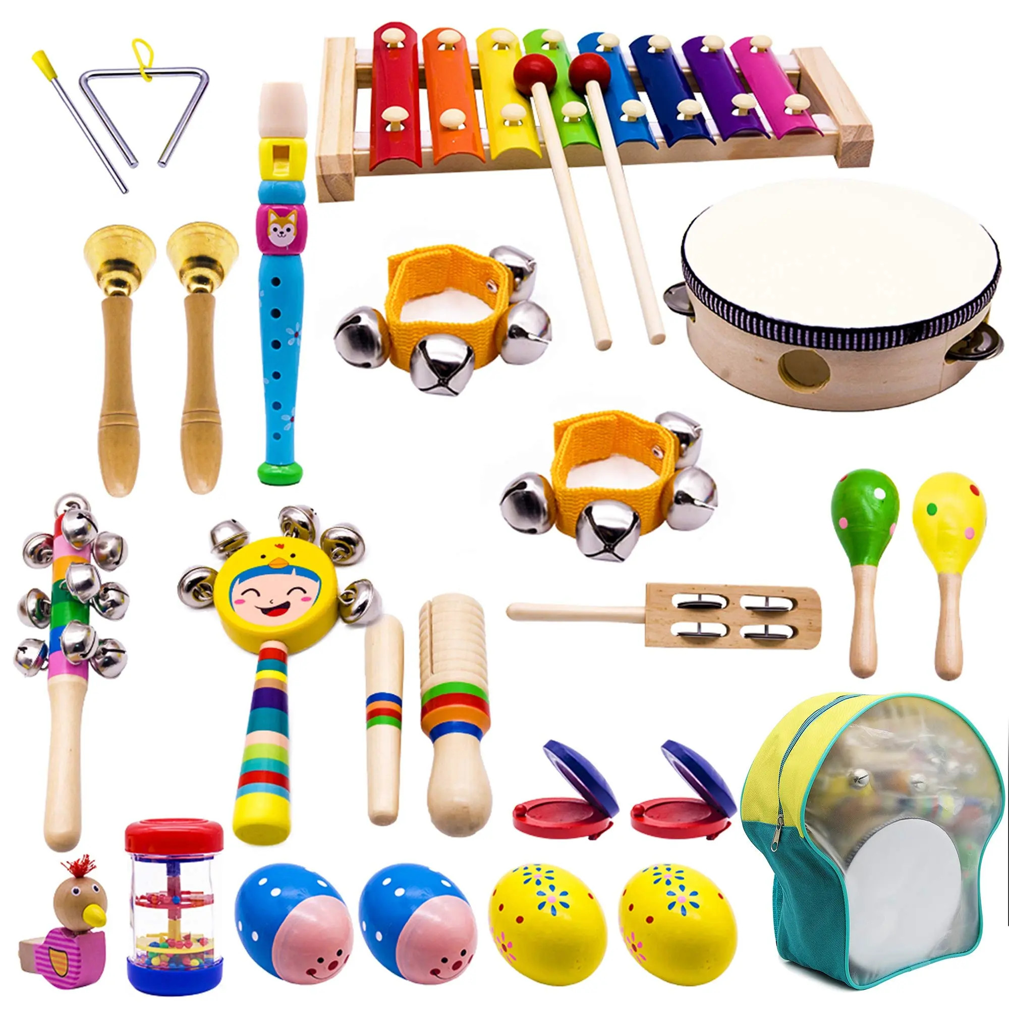 33PCS Kids Musical Instruments Wooden Instruments Tambourine Xylophone Toys for Kids Children Preschool Educational