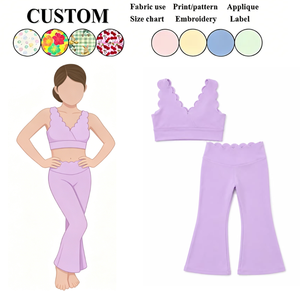 Soft Nylon Spandex Girls Scalloped Active Set <strong>Purple</strong> Scallop Edge <strong>Crop</strong> <strong>Top</strong> &amp; High Waist Flare Pants Kids Yoga Outfit - Product Image 1