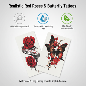 รอยสักชั่วคราวรูปผีเสื้อกุหลาบแดงกันน้ำ สมจริง ติดทนนาน สติ๊กเกอร์ศิลปะบนร่างกายสำหรับผู้หญิง สไตล์อินเทรนด์ เซ็กซี่ ติดที่แขนหรือคอ - Product Image 3