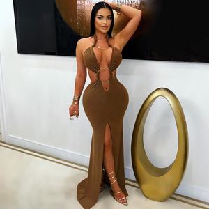 Zarif Hollow-out Bodycon uzun elbiseler <span class=keywords><strong>2</strong></span> parça setleri kadın kıyafet katı renk Halter Backless elbise kadın Clubwear elbiseler - Product Image 2