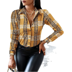 Blusa de Punto Elegante Casual de Otoño para Mujer, Cuello Redondo, Estampado Floral Simple, Corte Ajustado, Moda de Oficina, con Botones - Product Image 1