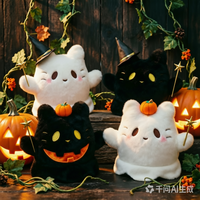 Set Boneka Kucing Hantu Halloween Kucing Hitam Penyihir - Boneka Penghilang Stres Isi Kapas PP Super Lembut untuk Dekorasi Meja Liburan