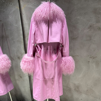Veste en cuir rose matiné avec col en fourrure, veste en cuir véritable pour femme, longue veste en cuir et fourrure