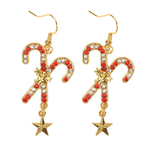 Boucles d'oreilles pendantes de Noël pour <span class=keywords><strong>femme</strong></span>, plaqué or, avec diamants, motifs couronne, étoiles, sapin de Noël, flocon de neige, canne, vert, rouge, pailletées - Product Image 6