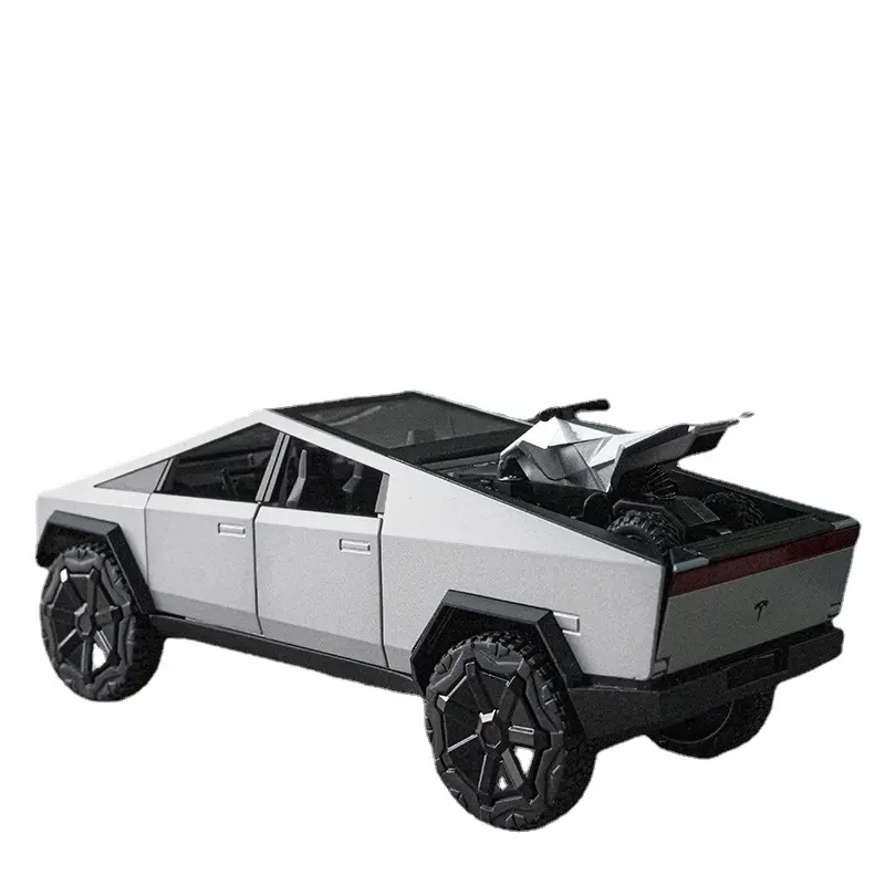 Diecast alloy model car 1:24 Tesla Cybertruck pickup alloy car model with sound and light pullback with ATV decorate metal model