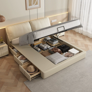 Nội Thất Phòng Ngủ Da Hiện Đại Đầy Đủ Bọc Giường Vải Trắng Đầy Đủ Da Thoải Mái Lưu Trữ Mềm Giường Đôi - Product Image 4